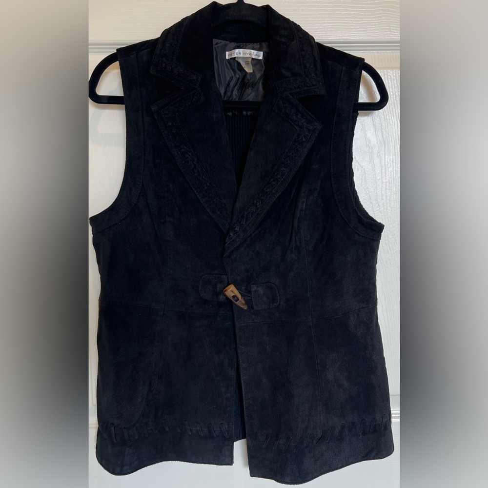 Peter Nygård Black Suede Leather Vest Knit Back Braided Trim Toggle M